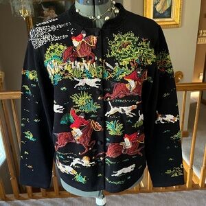 Michael Simon M L Horse Hunt Dog Sweater Cardigan equestrian Kentucky derby
